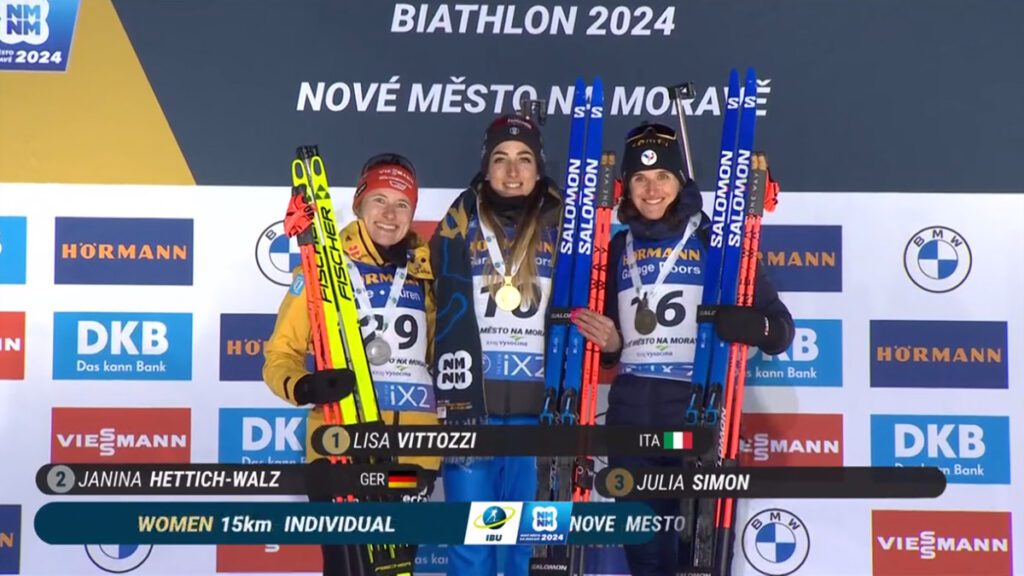 Janina Hettich, Lisa Vittozzi, Julia Simon. Individuale femminile. (Campionati Mondiali di Biathlon, Nove Mesto, 13/02/2024)