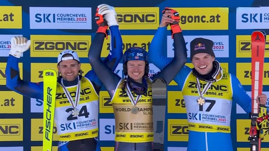 AJ Ginnis, Henrik Kristoffersen,Alex Vinatzer (Campionati Mondiali, 19/02/2023)