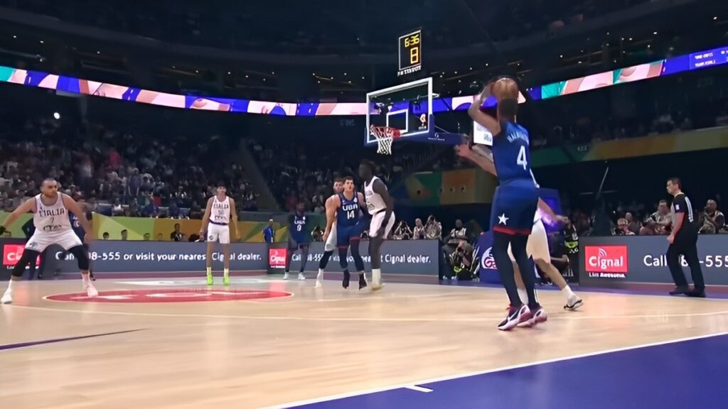 Tripla di Tyrese Haliburton (Italia - USA; Mondiali Basket, 05/09/2023)