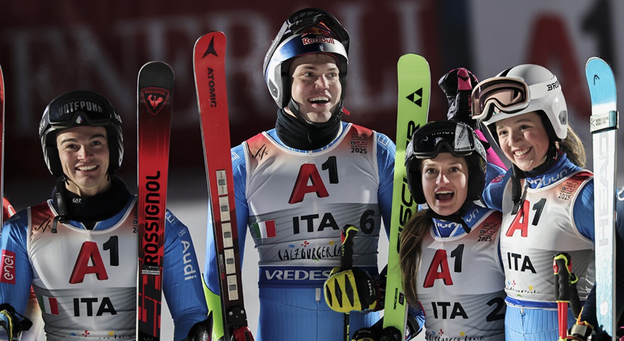 Mondiali Saalbach 2025, Parallelo Misto a squadre. Filippo Della Vite, Alex Vinatzer, Lara Della Mea e Giorgia Collomb. (@Archivio FISI)