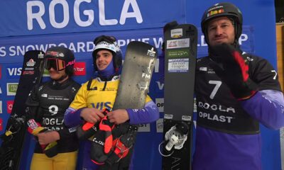 Maurizio Bormolini (centro), Aaron March (dx), snowboard gigante parallelo, Rogla (Slo) 25/01/2025