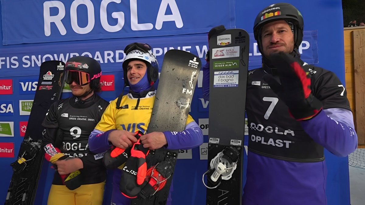 Maurizio Bormolini (centro), Aaron March (dx), snowboard gigante parallelo, Rogla (Slo) 25/01/2025