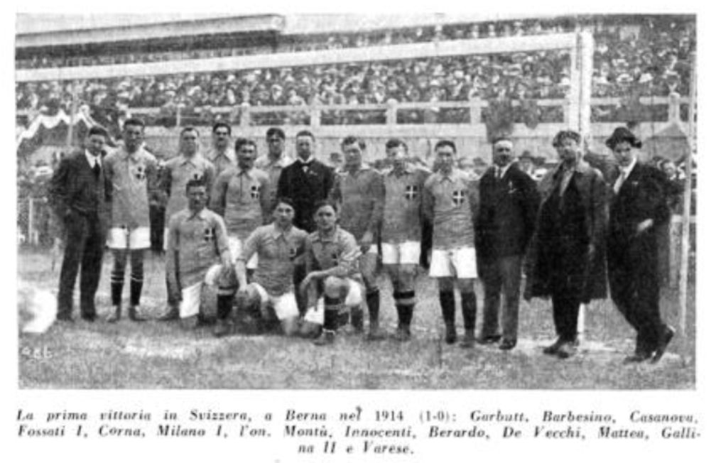 La Nazionale Italiana di Calcio schierata quel giorno a Berna (da "Enciclopedia illustrata del calcio italiano. Almanacco 1939-XVII", pagina 117).